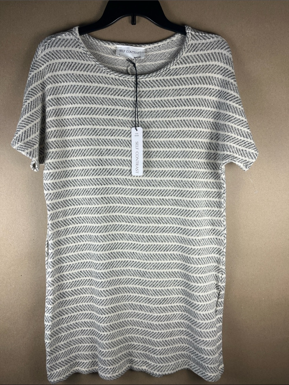 NWT Self Contrast Herringbone Knit Boxy Tee S Anthropologie Made in USA